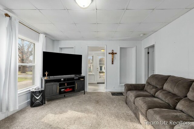 carpeted living area with baseboards, visible vents, and a drop ceiling