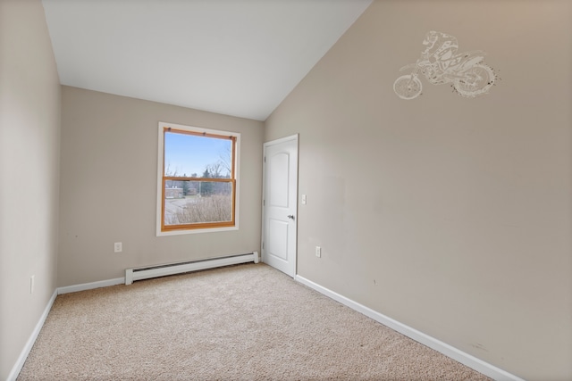 142 E Glass Rd, Ortonville, MI 48462 - carpeted spare room with baseboards, lofted ceiling, and a baseboard radiator