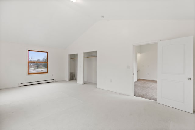142 E Glass Rd, Ortonville, MI 48462 - unfurnished bedroom featuring carpet flooring, high vaulted ceiling, and baseboard heating