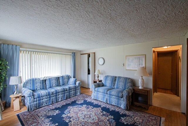 living room with wood finished floors and a textured ceiling