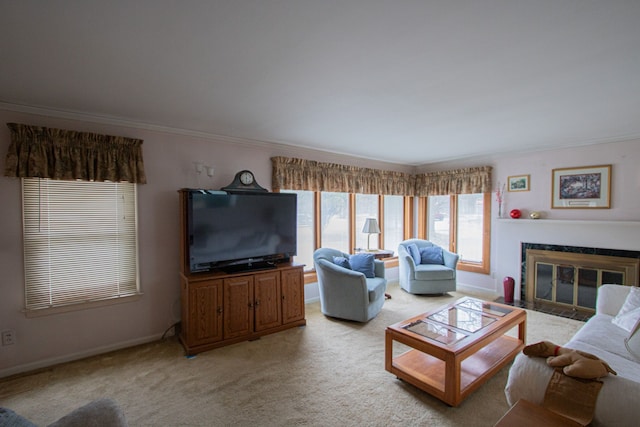 living room with light carpet, a fireplace with flush hearth, and ornamental molding