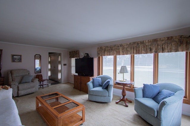living room with ornamental molding and light colored carpet