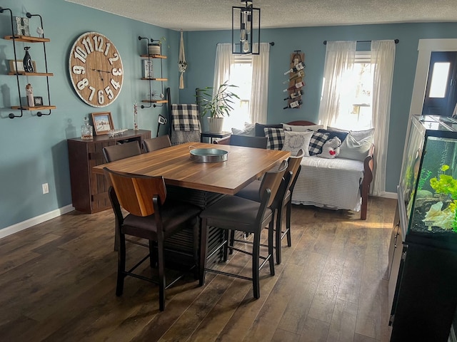 6201 E Holly Rd, Holly, MI 48442 - dining room featuring dark wood-type flooring, a textured ceiling, a wealth of natural light, and baseboards