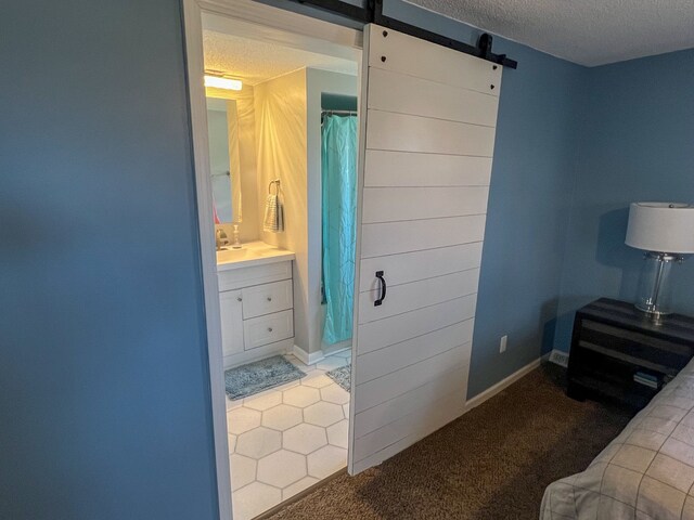 6201 E Holly Rd, Holly, MI 48442 - carpeted bedroom with baseboards, a barn door, ensuite bath, and a textured ceiling