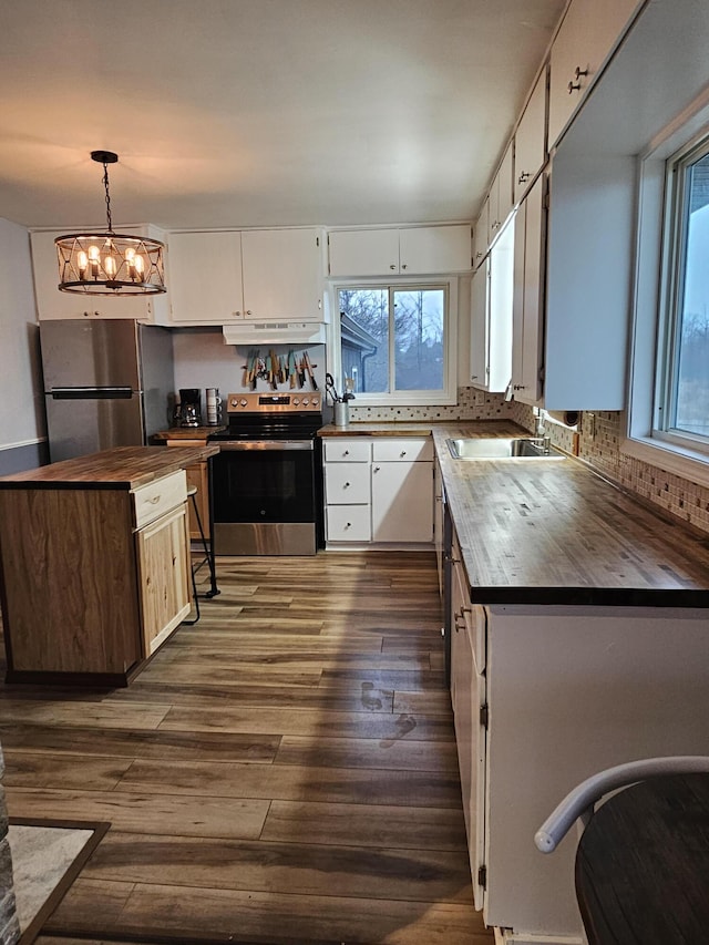 kitchen with a sink, butcher block countertops, appliances with stainless steel finishes, under cabinet range hood, and white cabinets