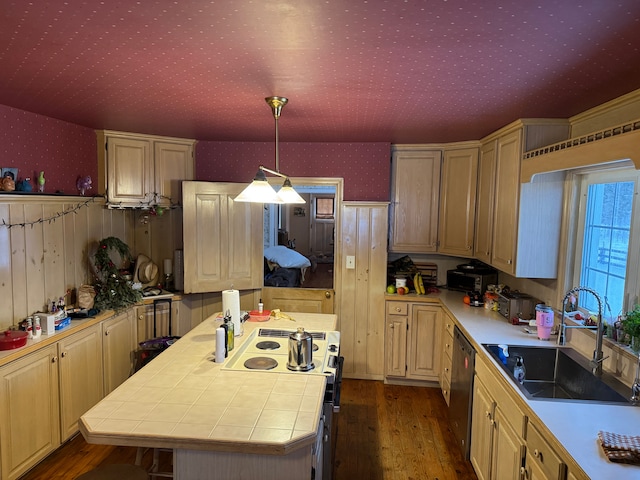 8162 Groveland Rd, Holly, MI 48442 - kitchen featuring a sink, wallpapered walls, tile countertops, stove, and wood finished floors