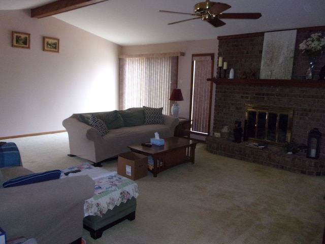 living room with baseboards, carpet flooring, ceiling fan, and vaulted ceiling with beams