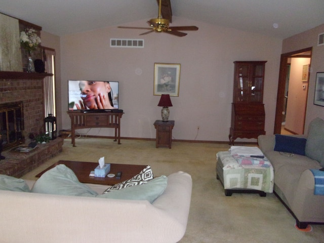 living area with carpet flooring, lofted ceiling with beams, visible vents, a ceiling fan, and a fireplace