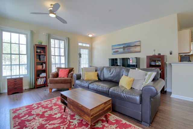 living room featuring wood finished floors, a ceiling fan, and baseboards