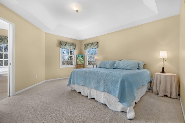 bedroom with baseboards, a tray ceiling, and light colored carpet
