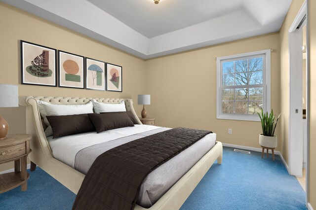 bedroom with carpet floors, a tray ceiling, baseboards, and visible vents