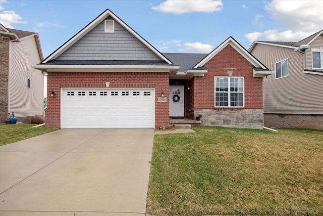 30909 Asbury Hill Ct, New Hudson, MI 48165 - view of front of house with a front yard, an attached garage, brick siding, and concrete driveway