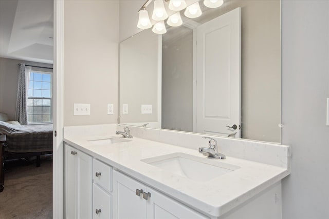 30909 Asbury Hill Ct, New Hudson, MI 48165 - bathroom with double vanity, a sink, and a chandelier