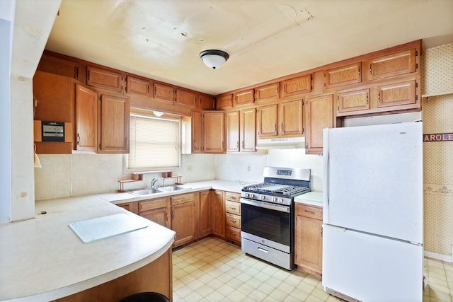 2981 Harrison St, Saginaw, MI 48604 - kitchen with light countertops, a sink, freestanding refrigerator, stainless steel range with gas stovetop, and under cabinet range hood