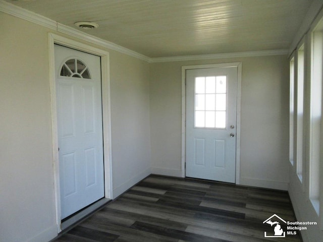 4393 2nd St, Newport, MI 48166 - doorway to outside with dark wood-type flooring, baseboards, and ornamental molding
