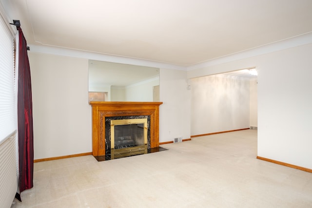 341 Ridgemont Rd, Grosse Pointe Farms, MI 48236 - unfurnished living room with carpet flooring, visible vents, a fireplace, and baseboards
