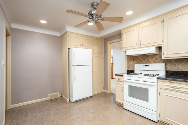 341 Ridgemont Rd, Grosse Pointe Farms, MI 48236 - kitchen with a ceiling fan, cream cabinetry, white appliances, under cabinet range hood, and decorative backsplash
