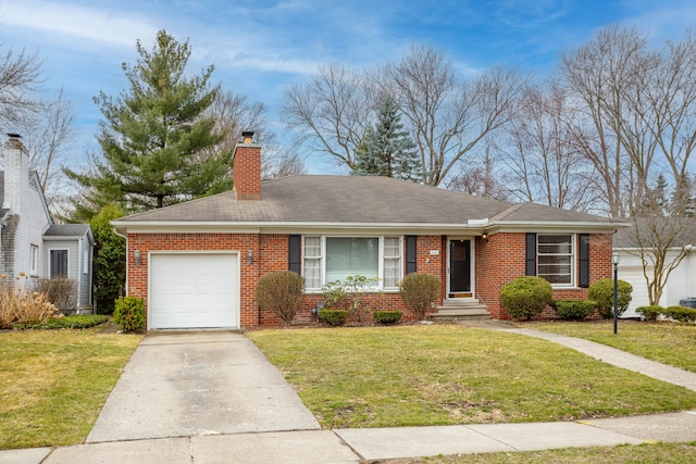 341 Ridgemont Rd, Grosse Pointe Farms, MI 48236 - single story home with a front yard, brick siding, a chimney, and a garage