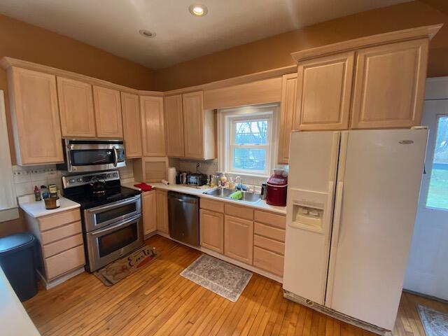 227 Railroad St, Chelsea, MI 48118 - kitchen featuring stainless steel appliances, a sink, healthy amount of natural light, light countertops, and recessed lighting