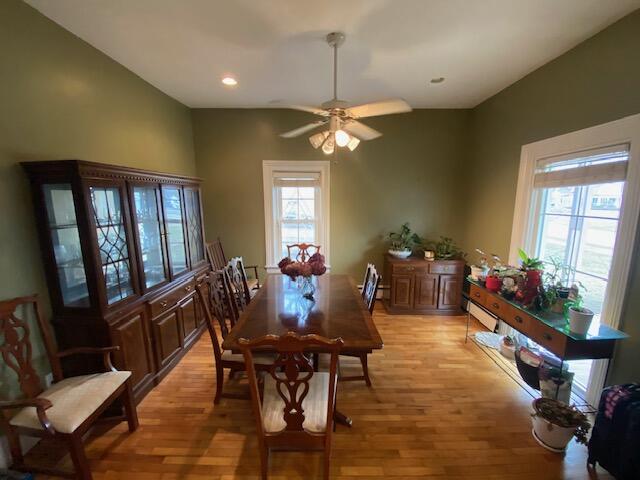 227 Railroad St, Chelsea, MI 48118 - dining space featuring light wood-type flooring, a ceiling fan, and recessed lighting