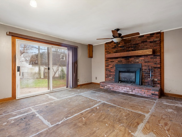unfurnished living room featuring baseboards, a ceiling fan, and crown molding