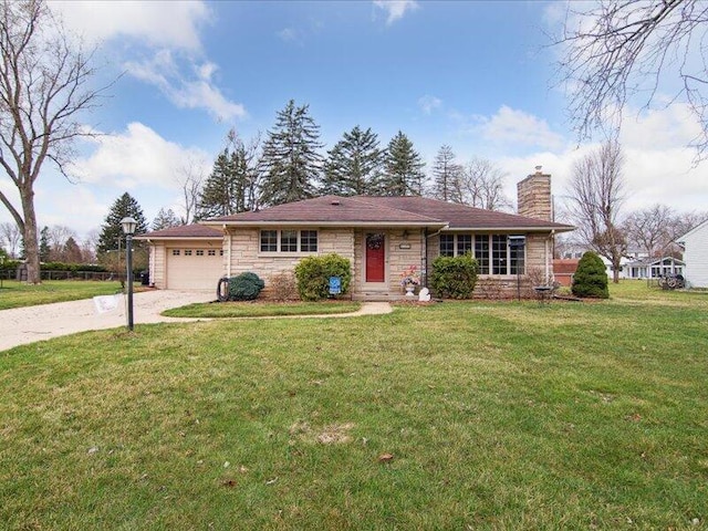 ranch-style home with stone siding, a front yard, concrete driveway, and a garage
