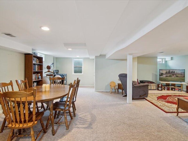 dining space with recessed lighting, carpet floors, baseboards, and visible vents