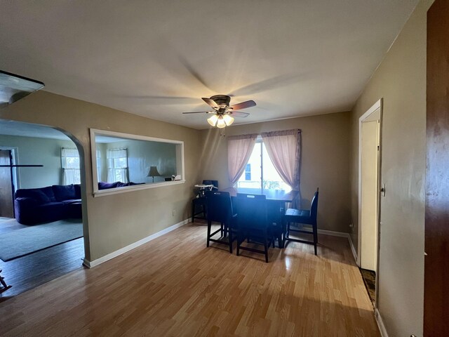 4480 Stanton Blvd, Montague, MI 49437 - dining area featuring baseboards, wood finished floors, and a ceiling fan
