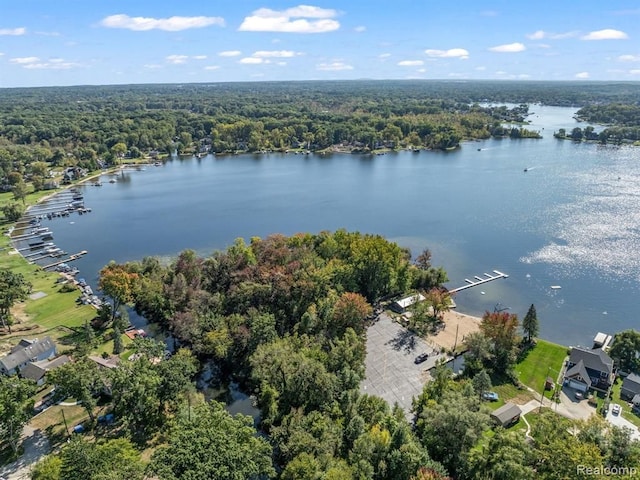 drone / aerial view with a water view and a forest view