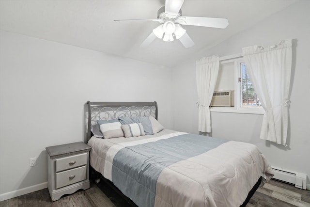 bedroom with a ceiling fan, cooling unit, dark wood-style floors, lofted ceiling, and a baseboard heating unit
