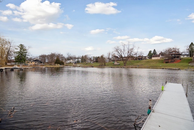 dock area with a water view and a lawn