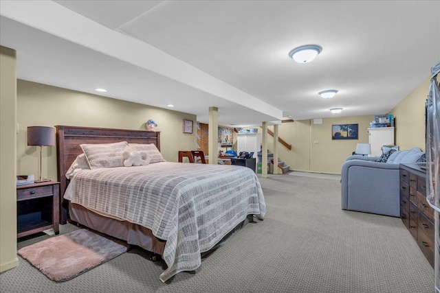 bedroom featuring baseboards, recessed lighting, and carpet floors