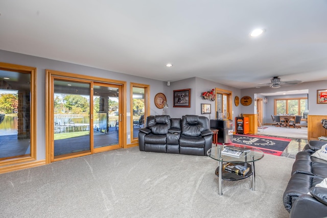 8366 Lynwood Ln, Mecosta, MI 49332 - living area with carpet flooring, ceiling fan, and recessed lighting