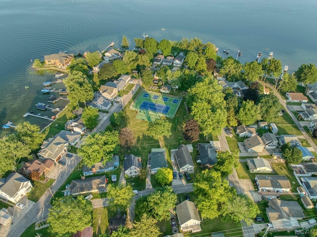 aerial view featuring a water view and a residential view