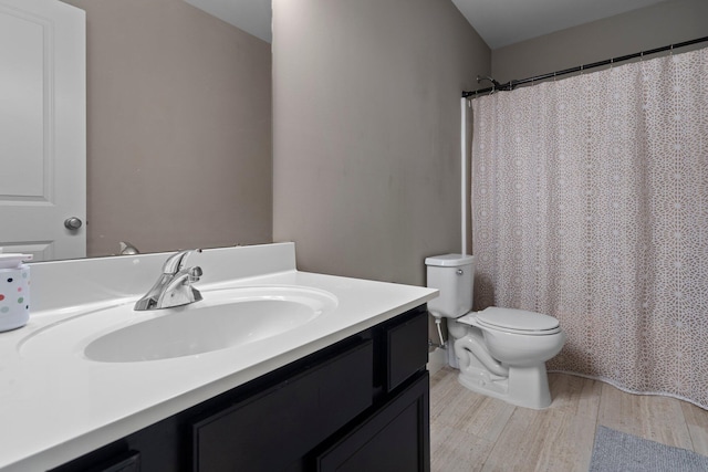 full bath featuring toilet, vanity, and wood finished floors