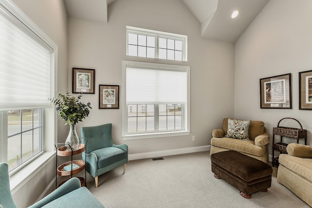 2667 Oxford Cir, Ann Arbor, MI 48103 - living area with carpet flooring, baseboards, high vaulted ceiling, and recessed lighting