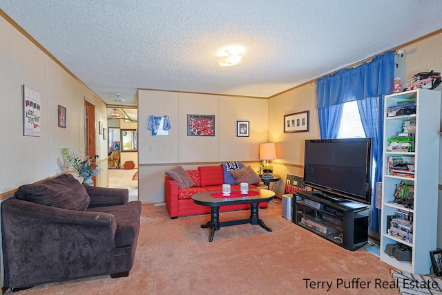 living area with carpet floors, a textured ceiling, and crown molding