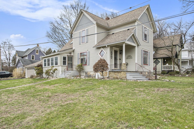 view of front of property with a front lawn, a chimney, a shingled roof, and a garage