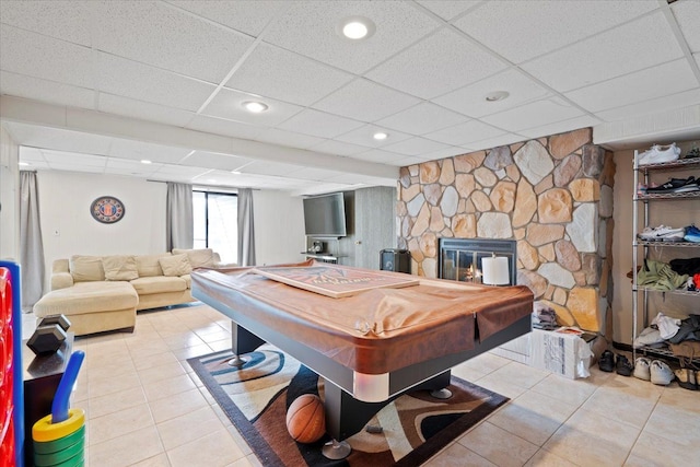 game room with a paneled ceiling, tile patterned flooring, billiards, and recessed lighting