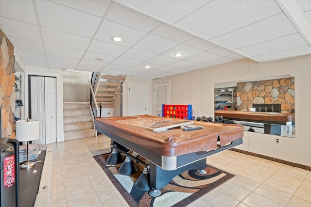 playroom featuring light tile patterned flooring, billiards table, and a drop ceiling