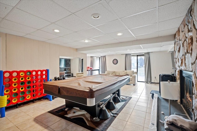 game room featuring light tile patterned floors, billiards table, a paneled ceiling, and recessed lighting