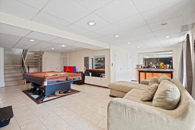 playroom featuring pool table, a paneled ceiling, light tile patterned floors, and recessed lighting