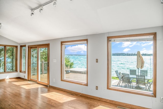 24199 N Shore Dr, Edwardsburg, MI 49112 - doorway with lofted ceiling, a wealth of natural light, visible vents, and wood finished floors