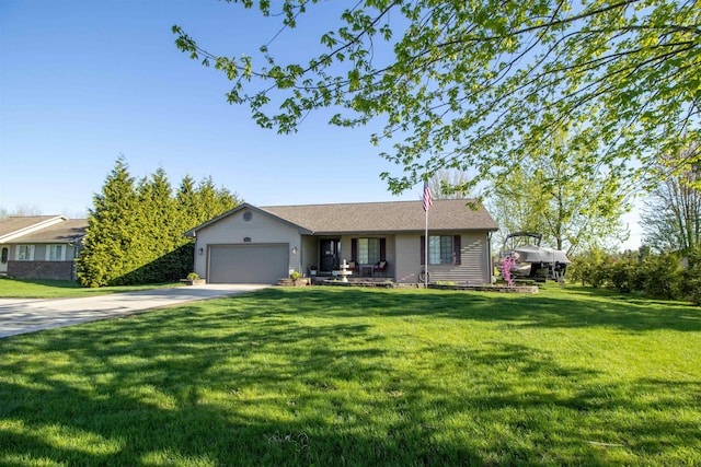 ranch-style home featuring concrete driveway, an attached garage, a front lawn, and covered porch