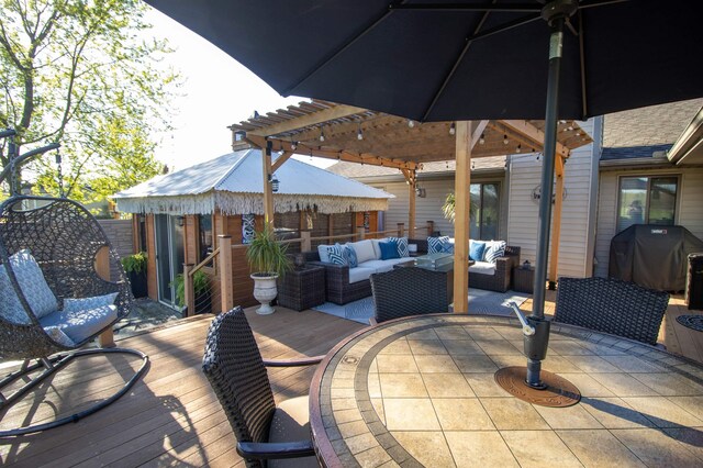 7042 Calkins Rd, Flint, MI 48532 - wooden deck featuring an outdoor hangout area, grilling area, a pergola, and an outdoor structure