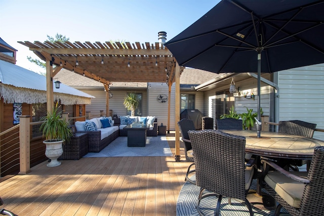 wooden terrace with an outdoor living space, a pergola, and outdoor dining area