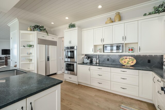 kitchen featuring built in appliances, wooden ceiling, ornamental molding, and open shelves