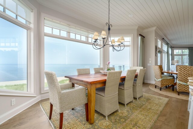 dining room featuring wooden ceiling, ornamental molding, a water view, a chandelier, and wood finished floors