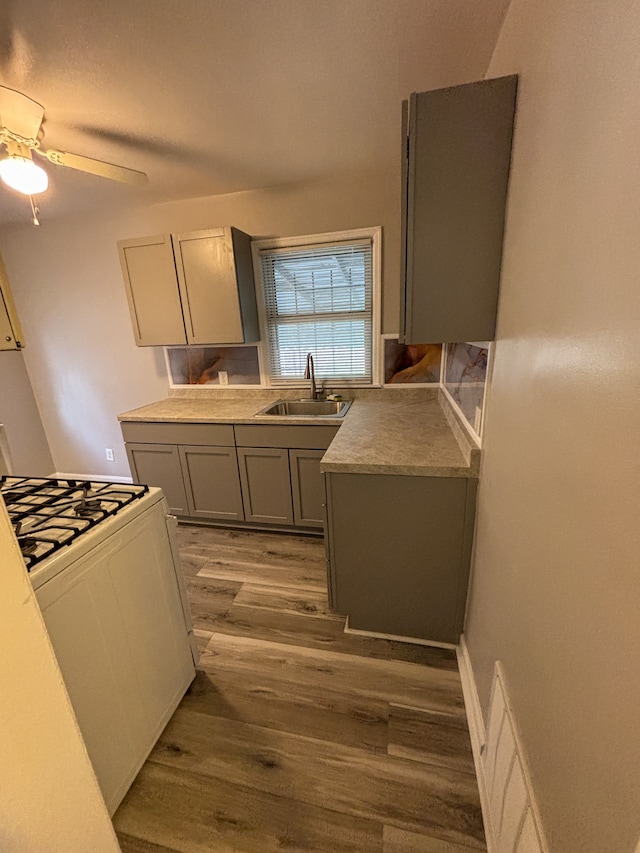 18484 Ashton Ave, Detroit, MI 48219 - kitchen with range with gas cooktop, a sink, light countertops, gray cabinetry, and light wood-style flooring