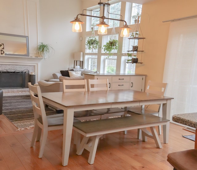 dining room with a fireplace and light wood-type flooring